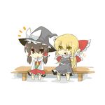  2girls arms_behind_head bad_id bad_pixiv_id black_hair blonde_hair bow braid eiri_(eirri) hair_bow hakurei_reimu hat headwear_switch highres kirisame_marisa large_bow multiple_girls side_braid sitting smile touhou veranda witch_hat 