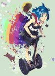  blue_eyes blue_hair cat flower helmet highres jpeg_artifacts open_mouth original rainbow segway solo vofan 