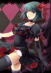  argyle argyle_background back_bow bad_id bad_pixiv_id black_choker blue_eyes bob_cut boots bow choker dark_precure elbow_gloves frills gloves green_hair hair_ornament heartcatch_precure! meimone precure short_hair solo thigh_boots thighhighs wings zettai_ryouiki 