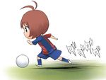  a1 ahoge ball brown_eyes brown_hair chibi hidaka_ai idolmaster idolmaster_dearly_stars running short_hair soccer soccer_ball solo white_soccer_ball 