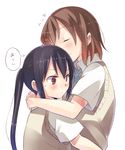  black_hair brown_eyes brown_hair closed_eyes hirasawa_yui hug k-on! kimino_tomonari long_hair multiple_girls nakano_azusa school_uniform short_hair translated twintails 