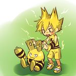  bare_shoulders blonde_hair blush_stickers child detached_sleeves electricity elekid fang gen_2_pokemon hitec male_focus moemon open_mouth personification pokemon pokemon_(creature) shorts sitting smile 