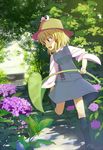  black_legwear blonde_hair eyes flower green_eyes hat hidebo hydrangea kneehighs leaf moriya_suwako nature running scenery shrine solo stairs sunlight touhou 