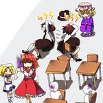  angry arms_behind_head bad_id bad_pixiv_id blonde_hair blue_sailor_collar braid brown_hair chair classroom desk embarrassed hachi_(8bit_canvas) hands_on_own_head hat hat_removed headwear_removed highres kitashirakawa_chiyuri maribel_hearn midriff multiple_girls okazaki_yumemi pain red_hair rolling sailor sailor_collar sleeves_rolled_up touhou touhou_(pc-98) usami_renko 