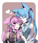  animal_ears bad_id bad_pixiv_id biting blue_eyes blue_hair blush body_blush closed_eyes detached_sleeves ear_biting hatsune_miku highres kemonomimi_mode long_hair megurine_luka mizuki_(koko_lost) multiple_girls necktie one_eye_closed pink_hair tail vocaloid yuri 