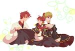  2boys artist_request beatrice blonde_hair blue_eyes cape child choker dress flower formal hair_flower hair_ornament highres if_they_mated multiple_boys necktie red_hair ribbon rose sitting suit time_paradox umineko_no_naku_koro_ni ushiromiya_battler vest 