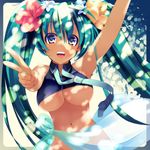  aqua_sarong armpits border breasts cleavage dragonmaterial flower foreshortening green_eyes green_hair groin hair_flower hair_ornament hands happy hatsune_miku hibiscus large_breasts long_hair navel necktie no_panties sarong see-through shade solo translucent_sarong twintails underboob v vocaloid 