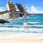  :d amputee bad_id bad_pixiv_id beach black_hair braid cabbie_hat cloud day english girl_with_golden_shoe hat ishida_to_asakura kin_no_kutsu_gin_no_kutsu masao necktie ocean open_mouth original outdoors post-apocalypse prosthesis ruins smile solo translated twin_braids wading water 