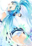  absurdres aqua_hair arched_back bad_id bad_pixiv_id feet gradient_hair hatsune_miku hatsune_miku_(append) headphones highres long_hair multicolored_hair nyankichi panties solo striped striped_panties twintails underwear vocaloid vocaloid_append 