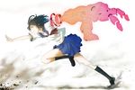  aura black_hair dust full_body legs loafers midriff original outstretched_arms outstretched_hand running school_uniform serafuku shoes simple_background skirt smile socks solo torn_clothes yuuki_(yuuki333) 