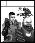  3boys bald bandolier black_border border circle_cut drymon facial_hair flamethrower gas_mask glasses gloves greyscale knife labcoat male_focus monochrome multiple_boys necktie open_mouth stubble team_fortress_2 the_heavy the_medic the_pyro the_spy weapon 