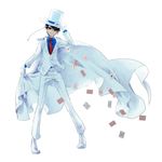  adjusting_clothes adjusting_hat belt cape card falling_card formal glasses hat kaitou_kid kuroba_kaito male_focus maton_(tranp) md5_mismatch meitantei_conan monocle smile solo suit white_suit 