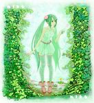  alternate_color dandelion flower full_body green green_eyes green_hair hair_flower hair_ornament hatsune_miku ill-zyon ivy long_hair multicolored multicolored_clothes multicolored_legwear shoes smile solo standing striped striped_legwear thighhighs twintails very_long_hair vocaloid 