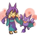  :p blush_stickers braid costume fang fangs gen_2_pokemon gligar hitec japanese_clothes kimono moemon multicolored multicolored_clothes multicolored_kimono personification pokemon pokemon_(creature) purple_hair purple_kimono sandals single_braid standing tongue tongue_out yukata 