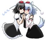  animal_ears black_hair blush_stickers detached_sleeves hat holding_hands inubashiri_momiji iwatobi_hiro multiple_girls no_legs red_eyes shameimaru_aya short_hair silver_hair tail tokin_hat touhou wolf_ears wolf_tail 