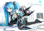  all_fours aqua_eyes aqua_hair bad_id bad_pixiv_id bare_shoulders belt black_legwear cable detached_sleeves hatsune_miku hatsune_miku_(append) highres long_hair long_sleeves nauribon necktie solo thighhighs twintails very_long_hair vocaloid vocaloid_append 