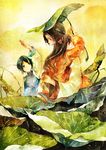  2boys axis_powers_hetalia black_hair brown_hair china_(hetalia) chinese_clothes highres holding hong_kong_(hetalia) kface leaf leaf_umbrella lily_pad long_hair multiple_boys rain siblings taiwan_(hetalia) traditional_media watercolor_(medium) younger 