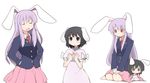  animal_ears black_eyes black_hair blazer bunny_ears chibi clenched_hands dress eating hands_on_hips inaba_tewi jacket jewelry kneeling ladfa long_hair multiple_girls necktie pendant pink_dress pink_hair red_eyes reisen_udongein_inaba ribbon short_hair sitting touhou v_arms wariza younger 