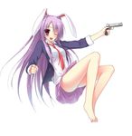  animal_ears bad_id bad_pixiv_id bare_legs barefoot blazer bunny_ears feet foreshortening gun handgun ite_fuji jacket legs long_hair m1911 necktie one_eye_closed panties pantyshot pistol purple_eyes purple_hair red_neckwear reisen_udongein_inaba skirt smile solo touhou underwear weapon 