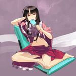  ahoge bare_legs barefoot black_hair chair eating feet food full_body hand_behind_head houraisan_kaguya ice_cream long_hair midriff navel no_panties open_clothes open_skirt popsicle red_eyes shihou_(g-o-s) shirt_lift sitting skirt solo touhou yokozuwari 