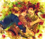  ahoge axis_powers_hetalia bad_id bad_pixiv_id bandaid brothers brown_hair food green_eyes heart hug hug_from_behind megane_(artist) multiple_boys northern_italy_(hetalia) pasta plant plate siblings southern_italy_(hetalia) spaghetti spain_(hetalia) tomato yellow_eyes 