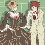  1boy 1girl beatrice blonde_hair blush bow dress flower formal gown hair_flower hair_ornament hand_kiss kiss lowres necktie pink_bow red_hair ribbon rose suit umineko_no_naku_koro_ni ushiromiya_battler 