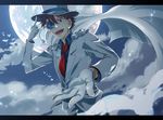  adjusting_clothes adjusting_hat blue_eyes cape formal gloves happy hat ikuryomaga kaitou_kid kuroba_kaito male_focus meitantei_conan moon night solo suit 