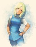  ataruman beltorchika_irma blonde_hair blue_eyes bracelet gundam hands_on_hips jewelry looking_at_viewer overalls short_hair solo zeta_gundam 