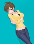  amaha_masane bad_id bad_pixiv_id black_panties blue_background bocorot breast_hold breasts brown_eyes brown_hair cleavage crossed_arms denim jeans large_breasts mature open_fly panties pants short_hair solo underwear unzipped witchblade 