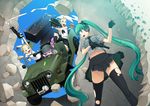  3girls blonde_hair blue_eyes bullet car finger_on_trigger gahaku gloves green_hair ground_vehicle gun handgun hatsune_miku hatsune_miku_(append) helmet highres jeep kagamine_len kagamine_rin long_hair megurine_luka motor_vehicle multiple_girls necktie pink_hair revolver rocket_launcher skirt thighhighs torn_clothes torn_legwear trigger_discipline twintails very_long_hair vocaloid vocaloid_append weapon 