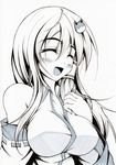  bare_shoulders blush breasts closed_eyes greyscale impossible_clothes impossible_shirt kochiya_sanae large_breasts long_hair marker monochrome sayossa_(pak-front) shirt smile solo touhou upper_body 