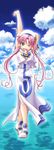  aria arms_up cloud day dress full_body hair_tubes mizunashi_akari one_eye_closed open_mouth pink_hair shinozaki_akira shoes short_sleeves sidelocks sky solo stretch water 