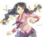  1girl bakemonogatari black_hair braid glasses hair_ribbon hanekawa_tsubasa juliet_sleeves long_hair long_sleeves monogatari_(series) nekomonogatari open_mouth puffy_sleeves purple_eyes ribbon school_uniform solo tears twin_braids twintails 