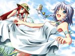  armpits blonde_hair blue_eyes bow braid day dress dutch_angle foreshortening green_eyes hair_bow hands hat hong_meiling izayoi_sakuya kirisame_marisa long_hair lozelia multiple_girls red_hair short_hair silver_hair smile sundress touhou twin_braids 