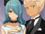  aqua_hair black_eyes black_neckwear blonde_hair brown_eyes choker collarbone crossdressing food formal gouenji_shuuya hair_over_one_eye hand_on_another's_shoulder inazuma_eleven inazuma_eleven_(series) kaimuari kazemaru_ichirouta long_hair looking_at_viewer multiple_boys necktie suit tart_(food) 