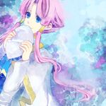  amemura_(caramelo) aria bad_id bad_pixiv_id blue_eyes hair_tubes hat hat_removed headwear_removed holding holding_hat mizunashi_akari pink_hair short_hair_with_long_locks sidelocks smile solo 