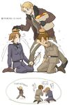  ahoge america_(hetalia) axis_powers_hetalia blonde_hair blue_eyes bomber_jacket brothers brown_hair dorei_k flag food glasses hamburger jacket laughing male_focus military military_uniform multiple_boys northern_italy_(hetalia) siblings southern_italy_(hetalia) tears tomato translation_request uniform 