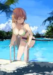  bad_id bad_pixiv_id bikini breasts cleavage closed_eyes cloud day front-tie_top katana long_hair medium_breasts pool pool_ladder sakura_sora sky smile solo swimsuit sword todoroki_yachiyo water weapon wet working!! 