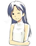  a1 blue_eyes blue_hair flat_chest idolmaster idolmaster_(classic) kisaragi_chihaya long_hair one_eye_closed sleeveless sleeveless_turtleneck solo turtleneck 