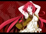  adjusting_hair arms_behind_head arms_up blue_eyes braid china_dress chinese_clothes dress hong_meiling letterboxed long_hair mouth_hold one_eye_closed open_clothes red_hair solo sukage touhou twin_braids zoom_layer 
