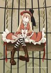  bad_id bad_pixiv_id birdcage blonde_hair boots cage dress hat highres himano_(artist) lolita_fashion long_hair original red_eyes solo striped striped_legwear thighhighs zettai_ryouiki 