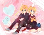  1girl blonde_hair blue_eyes brother_and_sister glasses hair_ribbon hara_yui kagamine_len kagamine_rin ribbon school_uniform siblings twins vocaloid 