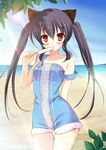  animal_ears beach black_hair blush brown_eyes cat_ears day eating food frills k-on! lens_flare mamita nakano_azusa outdoors popsicle sand sky solo strap_slip thigh_gap twintails water 