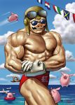  cloud day facial_hair flying_pig goggles goggles_on_head innertube kurenai_no_buta male_focus manly matataku muscle mustache pig porco_rosso_(character) pose realistic solo sunglasses water 