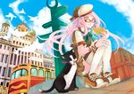  :d animal bell bell_collar bird book bow building cat cloud collar day dove frills from_below glasses ground_vehicle hands_on_own_knees hat knees_touching licking long_hair luggage open_mouth orange_eyes original pink_hair shiro_n shoes sign sitting sky smile solo thighhighs train 