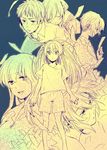  5girls asahina_mikuru asahina_mikuru_(adult) bad_id bad_pixiv_id blue_background gradient kyon monochrome multiple_girls nagato_yuki sato_unta simple_background suzumiya_haruhi suzumiya_haruhi_(young) suzumiya_haruhi_no_yuuutsu yellow 