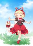  blonde_hair bow bubble_skirt day flower full_body hair_bow juuno_(nekoda) lily_of_the_valley medicine_melancholy outdoors outstretched_arms short_hair skirt solo spread_arms standing standing_on_one_leg su-san touhou 
