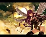  angel_wings bad_id bad_pixiv_id bird cloud elbow_gloves feathers floating_city gan_(shanimuni) gloves grin head_wings letterboxed long_hair multiple_wings original outstretched_hand pointy_ears purple_hair red_eyes sky smile solo thighhighs wings 