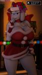  2018 3d_(artwork) 5_fingers anthro big_breasts blush boss_monster bow breasts caprine christmas claws clothed clothing dialogue digital_media_(artwork) dress eyewear female fur glasses gloves goat hat hi_res holidays horn long_ears looking_at_viewer mammal mature_female open_mouth red_eyes ribbons santa_hat smile solo source_filmmaker standing teeth text thick_thighs toriel undertale video_games voluptuous white_fur wreath yamimarik1994 