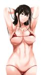  armpits arms_up bikini black_hair breasts breasts_apart brown_eyes commentary_request eyebrows_visible_through_hair hair_between_eyes highres kurofood large_breasts lips long_hair looking_at_viewer micro_bikini navel original parted_lips red_bikini shiny shiny_hair shiny_skin simple_background skindentation solo standing swimsuit wet white_background 
